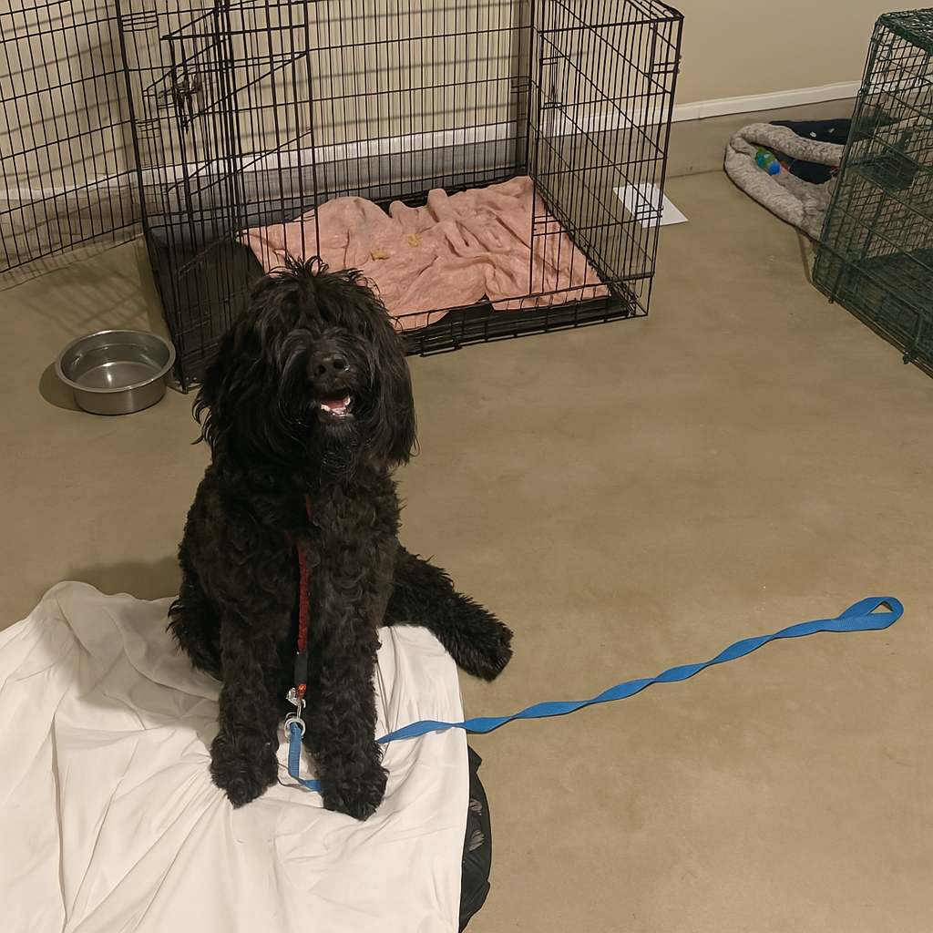 A black dog safe inside a rescue enclosure